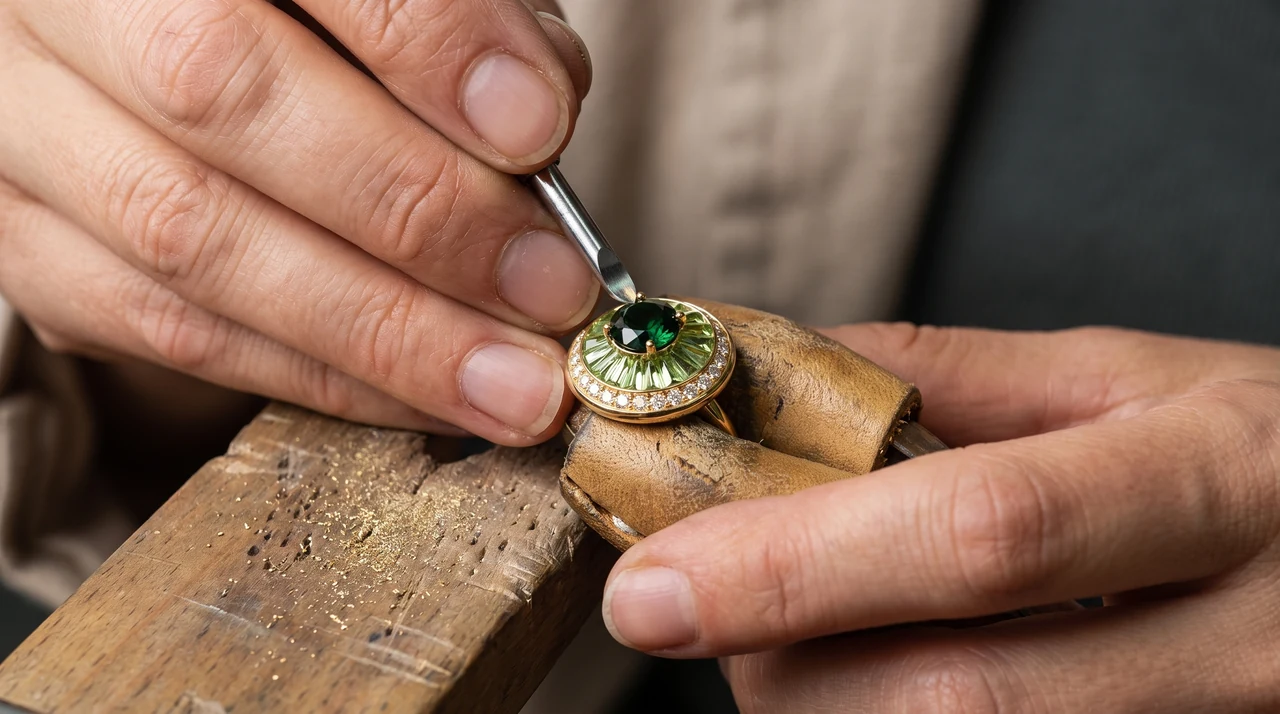A claw closed over the verdelite of a Sinan Expressions Ring at the bench